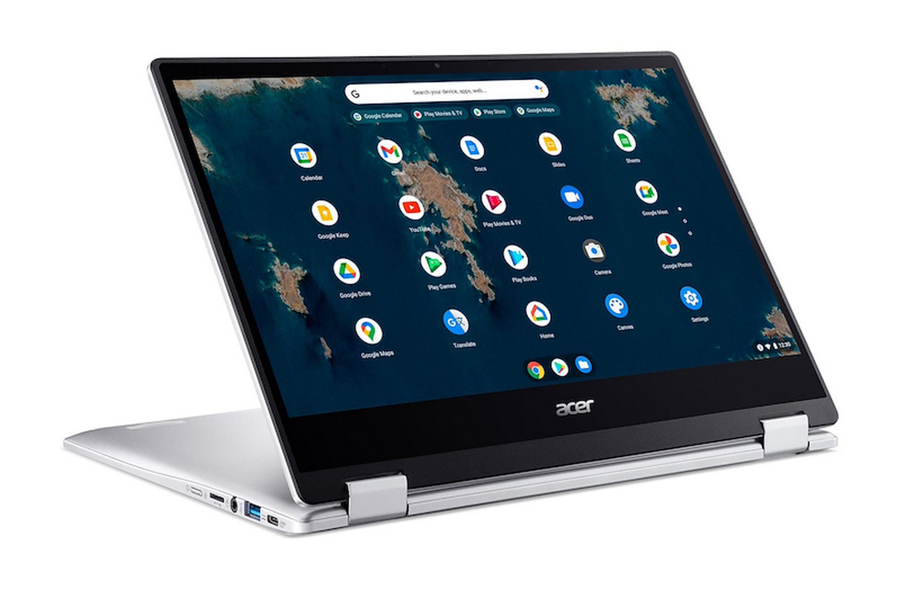 Un Chromebook Acer plateado con una pantalla táctil abierta en modo tableta.