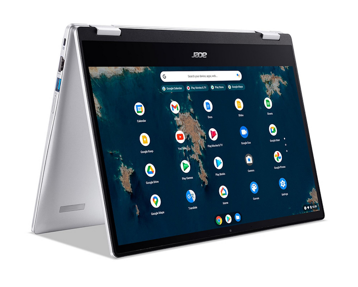 Portátil Acer Chromebook plateado, abierto y mostrando una pantalla de inicio con iconos de aplicaciones.