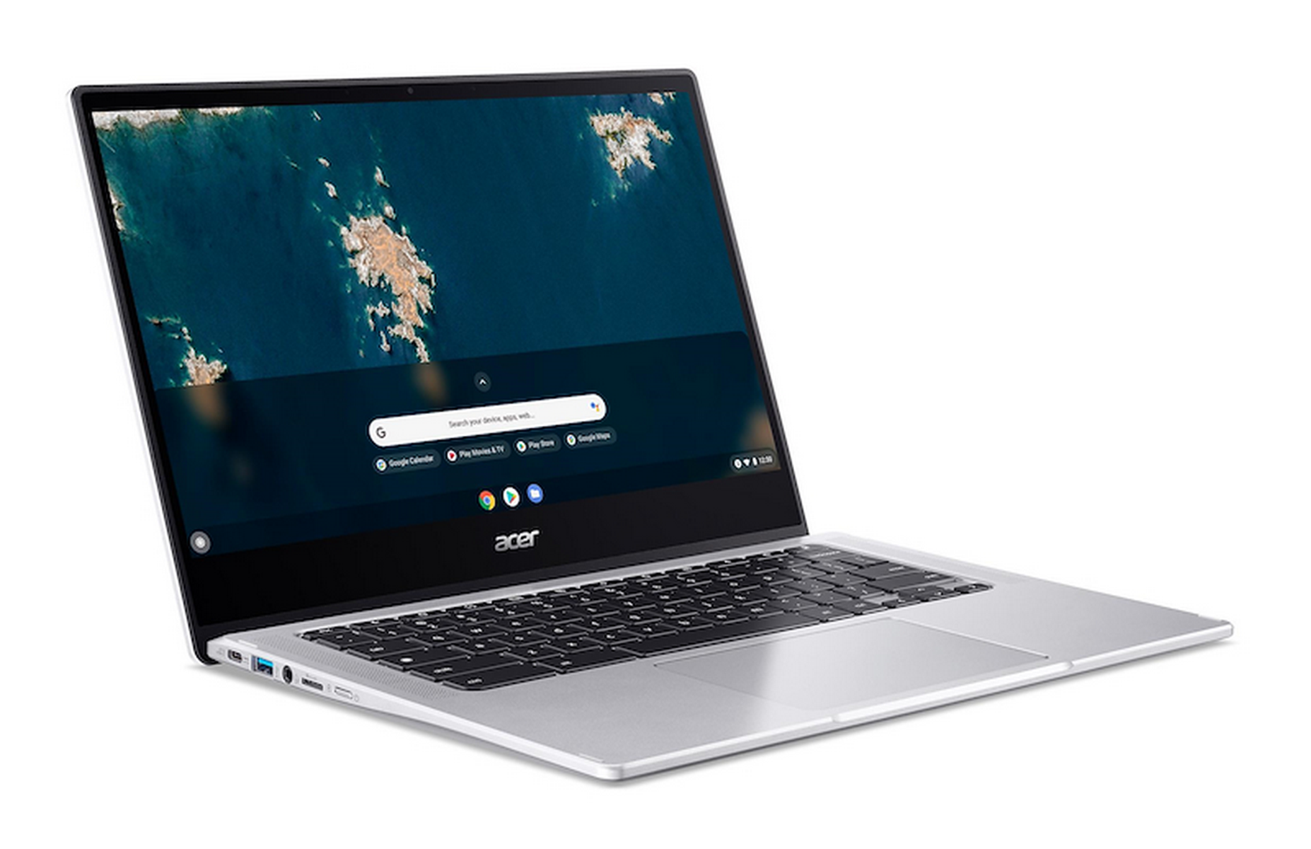 Un portátil plateado abierto sobre una superficie blanca, que muestra una interfaz de Chrome OS.
