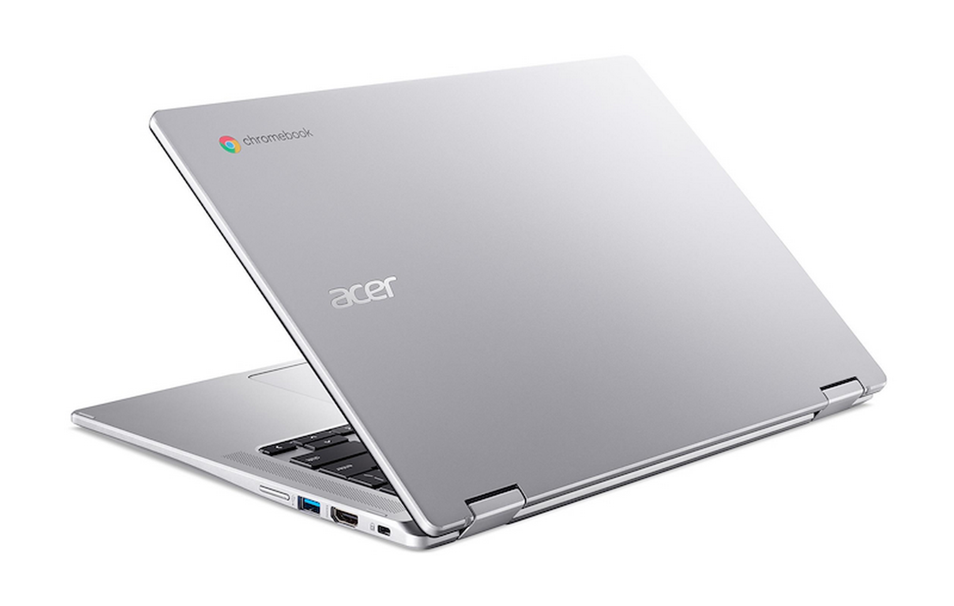 Una laptop Acer Chromebook plateada, parcialmente abierta, con los logotipos de Acer y Chromebook.