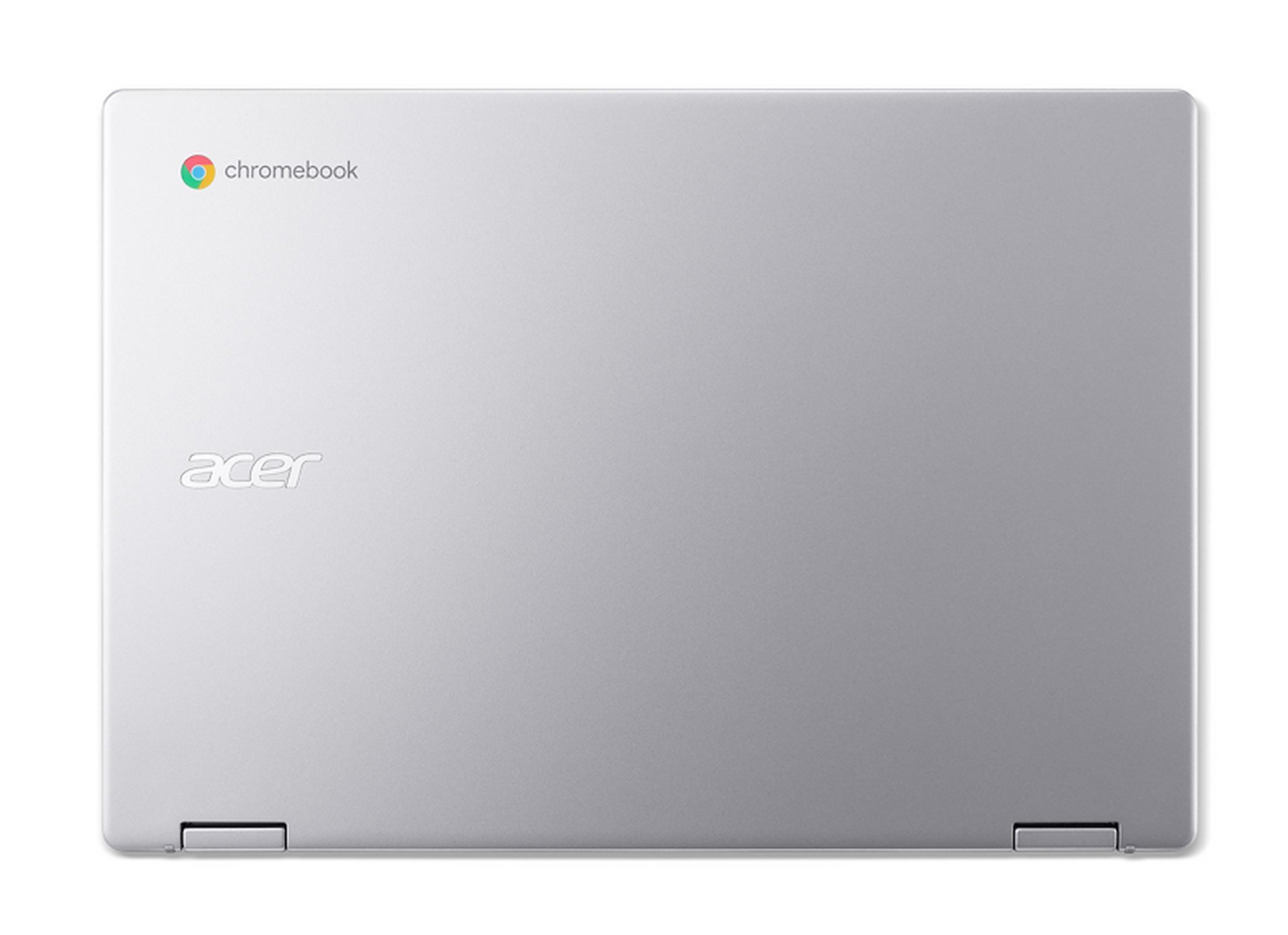 Portátil plateado con logo Chromebook en la parte superior, sobre blanco.