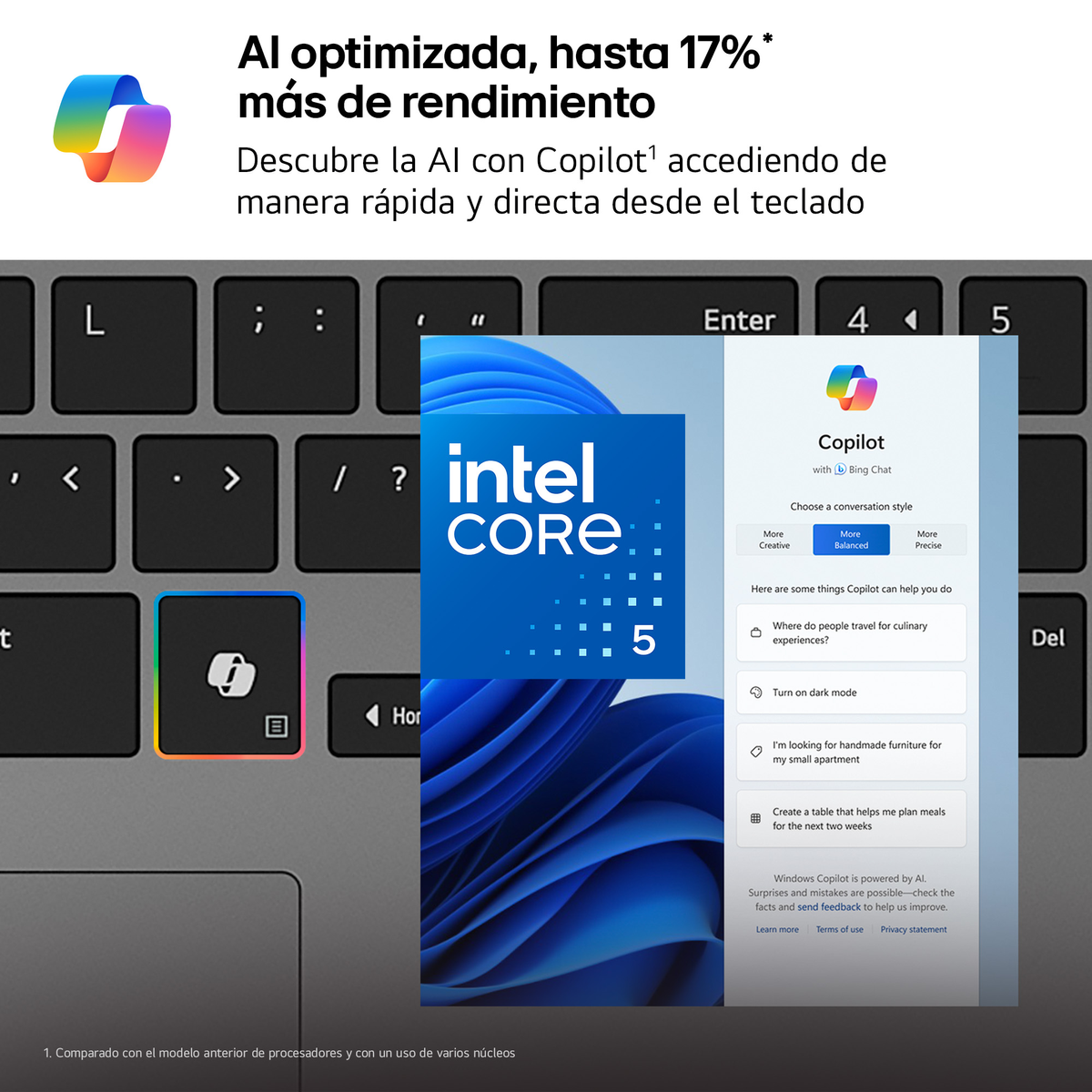 Un teclado de portátil con una pantalla que muestra la interfaz de Copilot y el logo de Intel Core 5.