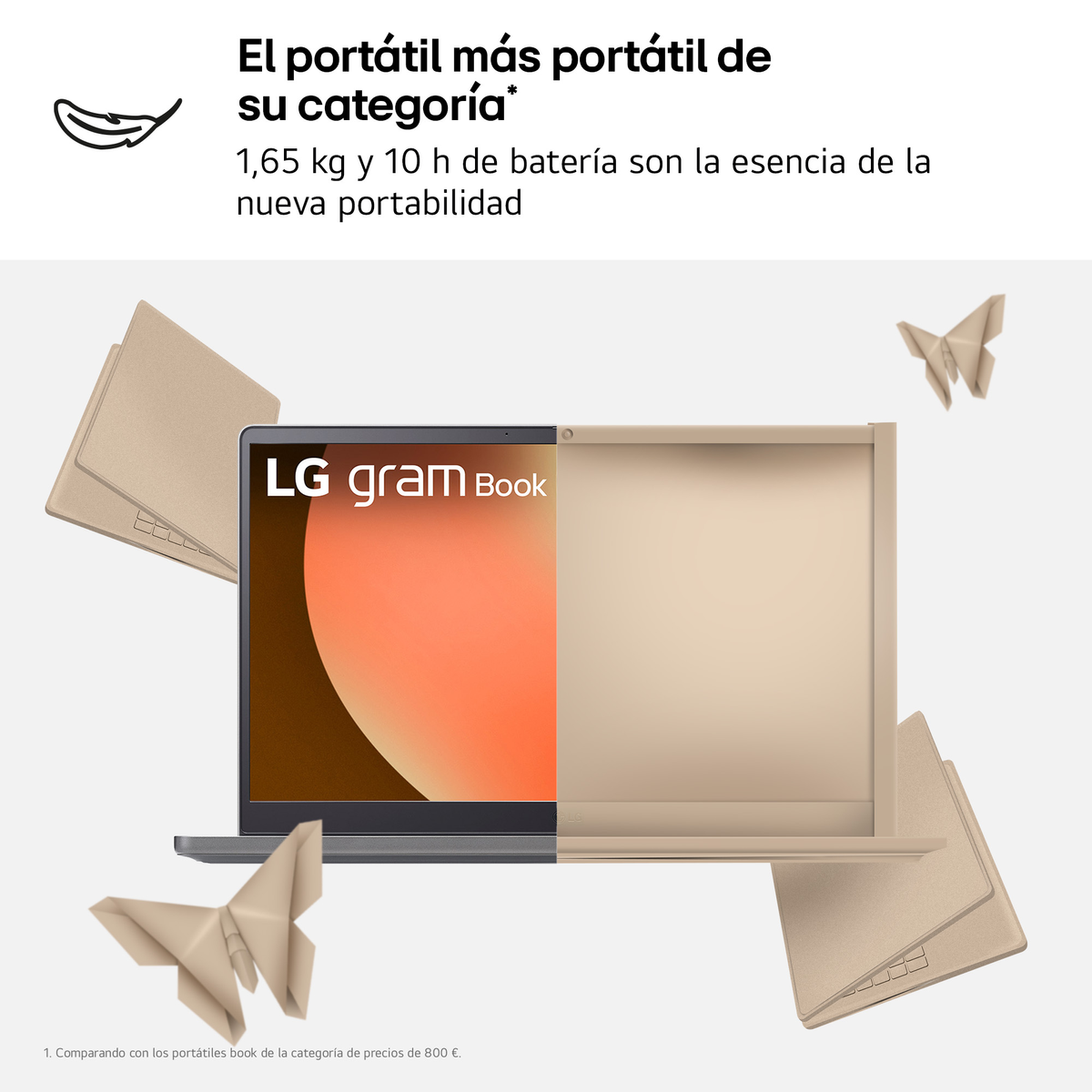Portátil beige con pantalla abierta y mariposas de papel.