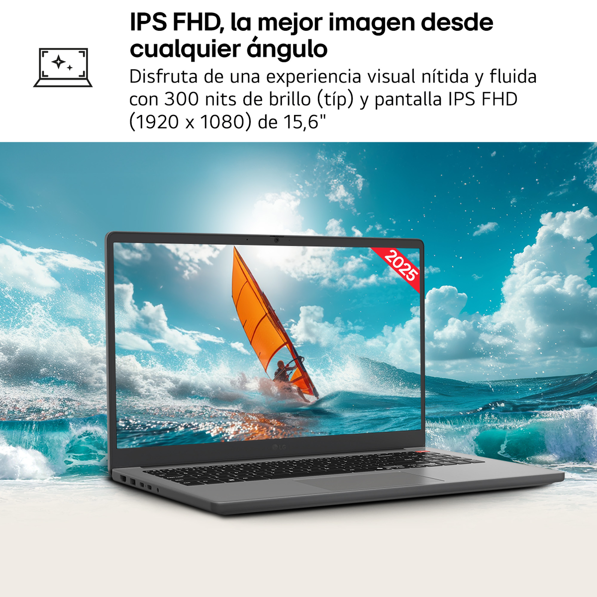 Pantalla de portátil mostrando a alguien haciendo windsurf en un día soleado.