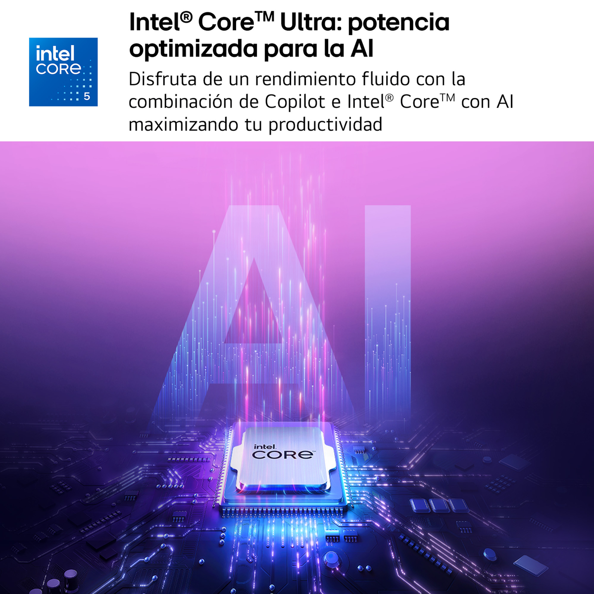 Imagen de un procesador Intel Core Ultra en una placa de circuito con el logo de IA.