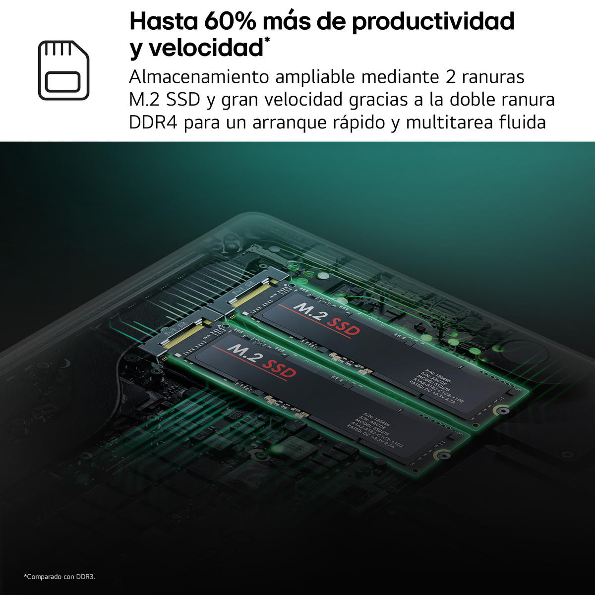 Dos SSD M.2 instalados en una placa de circuito verde con texto en español. Fondo verde y negro.