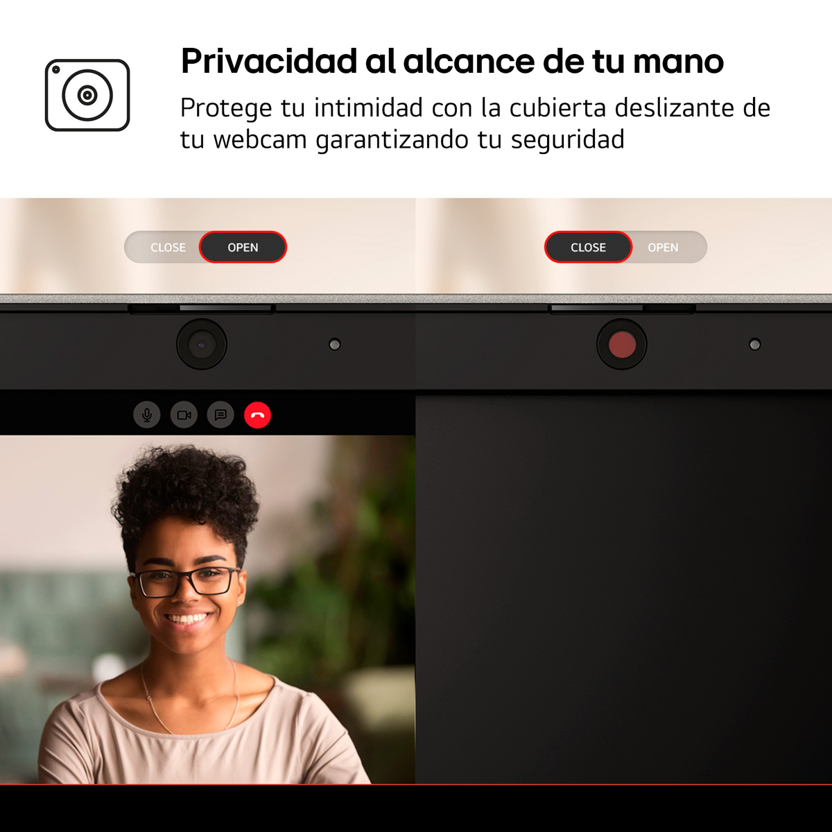 Persona en videollamada, portátil con cubierta de cámara web, opciones cerrar y abrir.