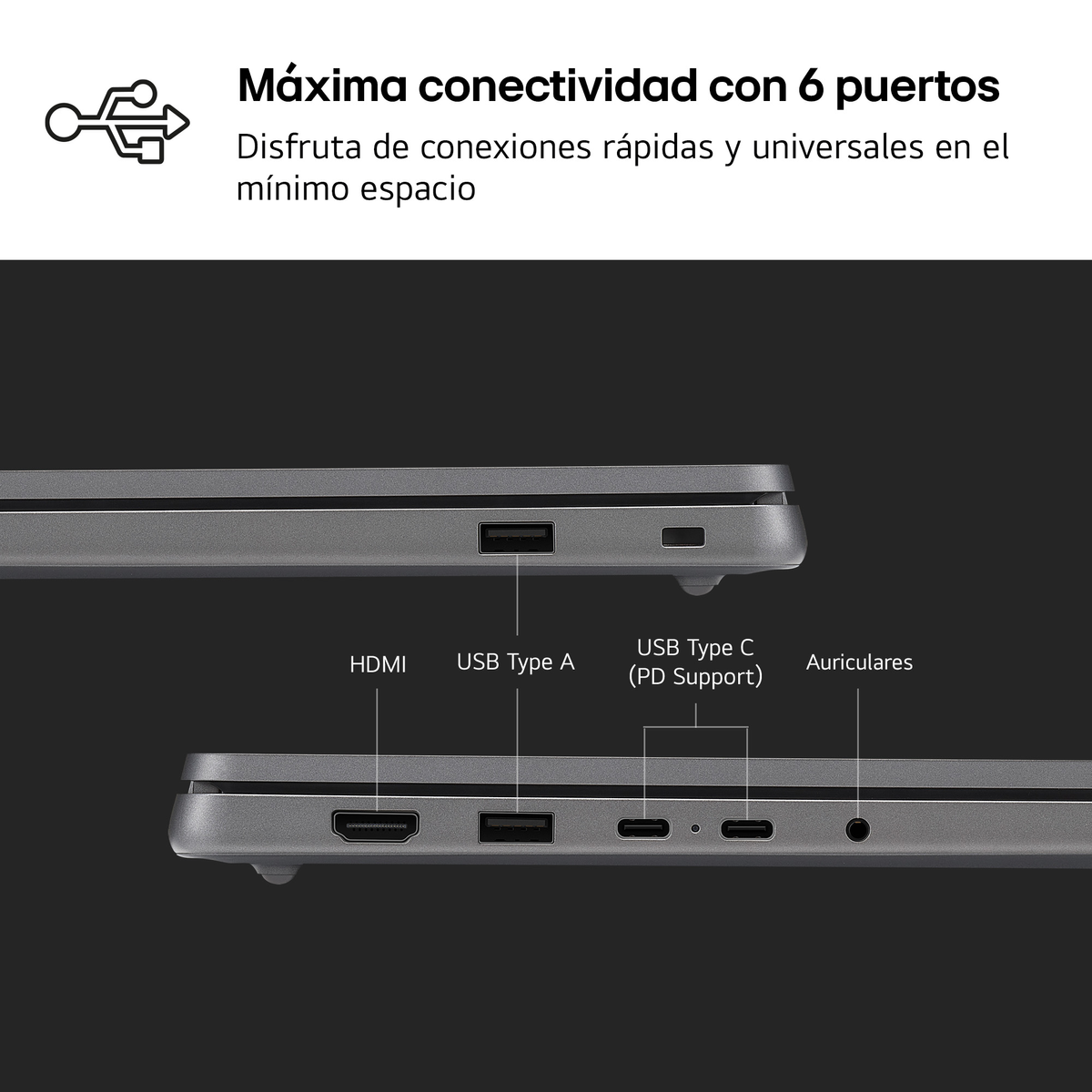 Primer plano de un portátil mostrando puertos etiquetados HDMI, USB y auriculares.