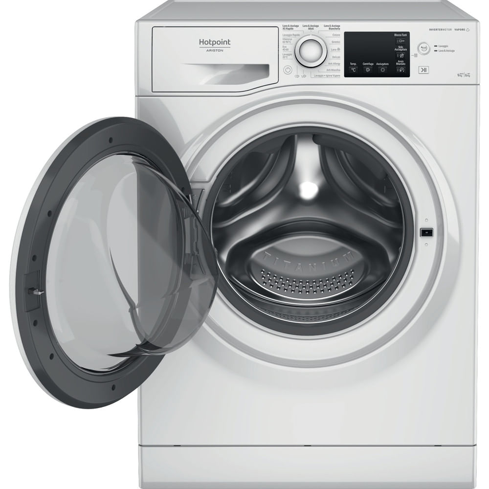 Lavatrice Hotpoint bianca. Porta aperta con vetro. Cestello in acciaio inox. Comandi sulla parte superiore.