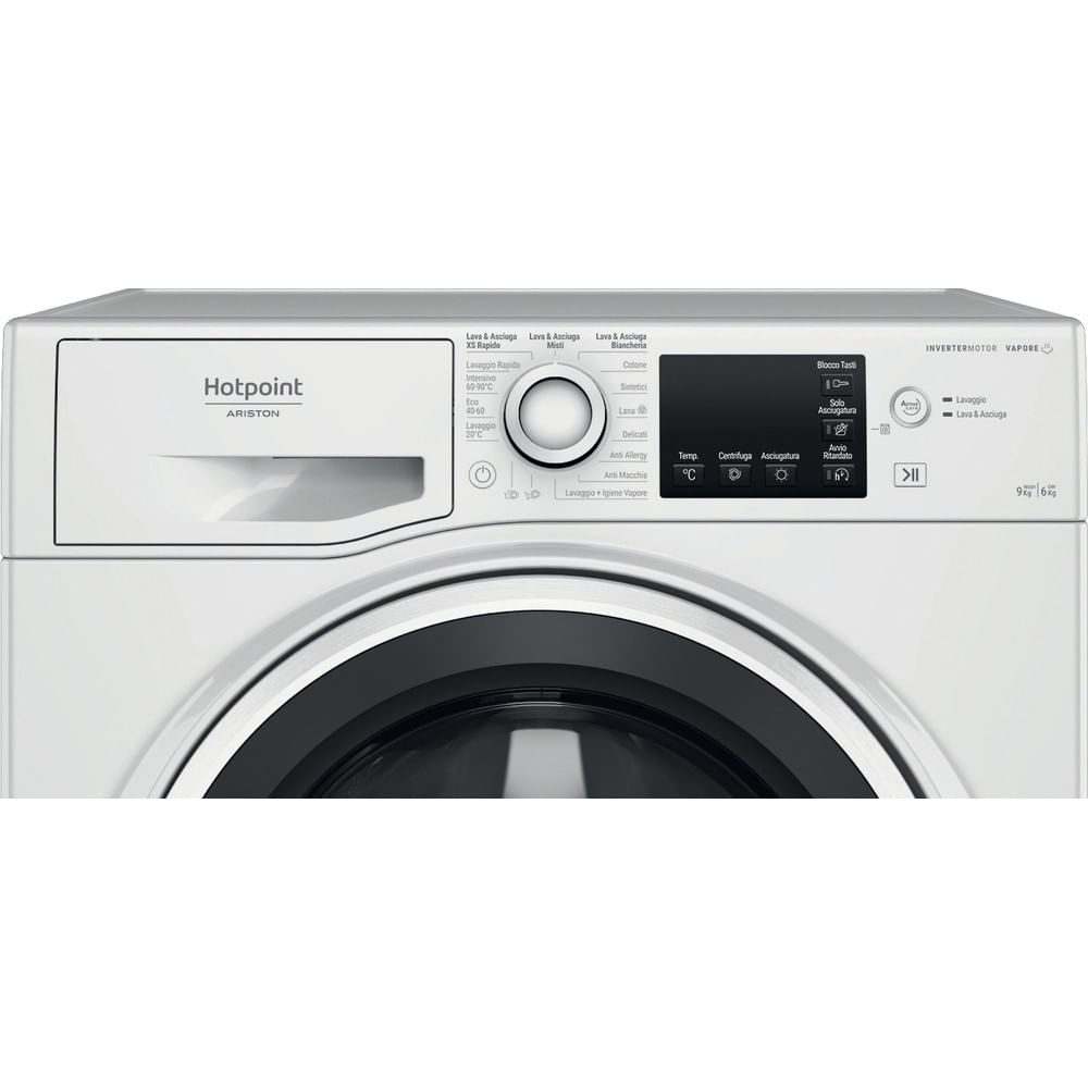 Lavatrice bianca Hotpoint-Ariston. Controlli e pannello display visibili. Capacità 9 kg.