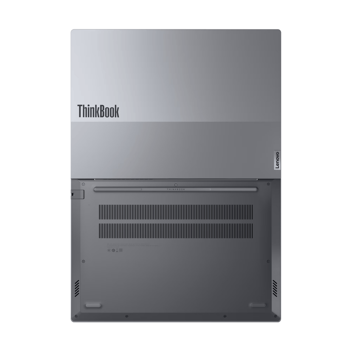 Un portátil Lenovo ThinkBook plateado, vista inferior.