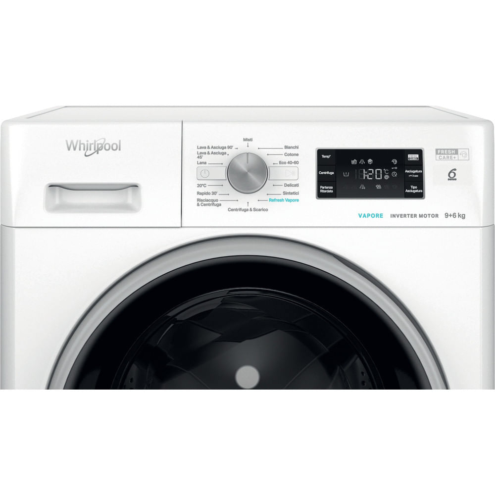 Lavatrice Whirlpool bianca con pannello di controllo. Porta chiusa.