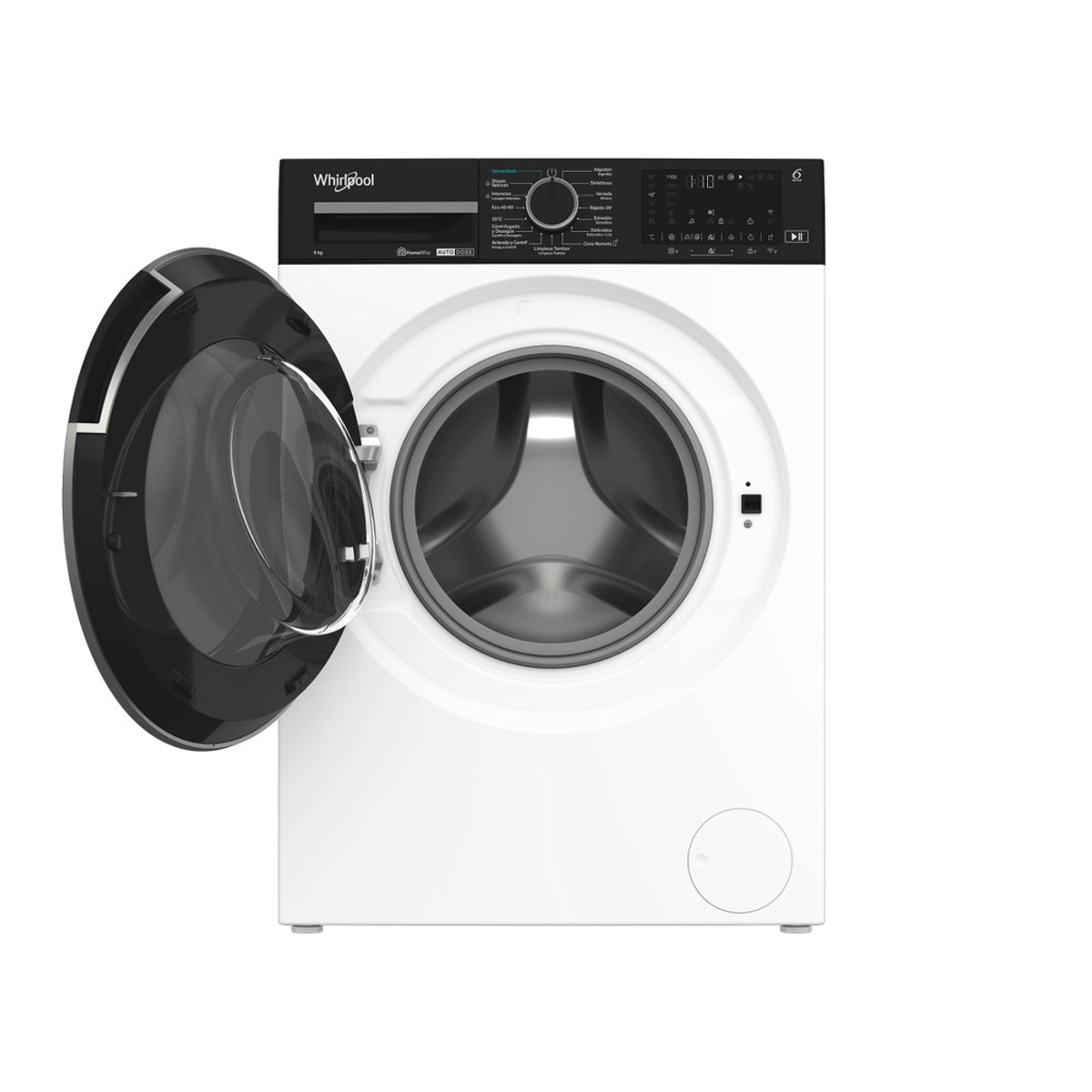 Lavatrice Whirlpool bianca con porta nera aperta. Comandi in alto.