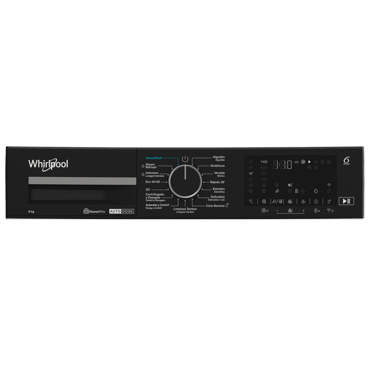 Pannello di controllo della lavatrice Whirlpool. Ha pulsanti e un display.