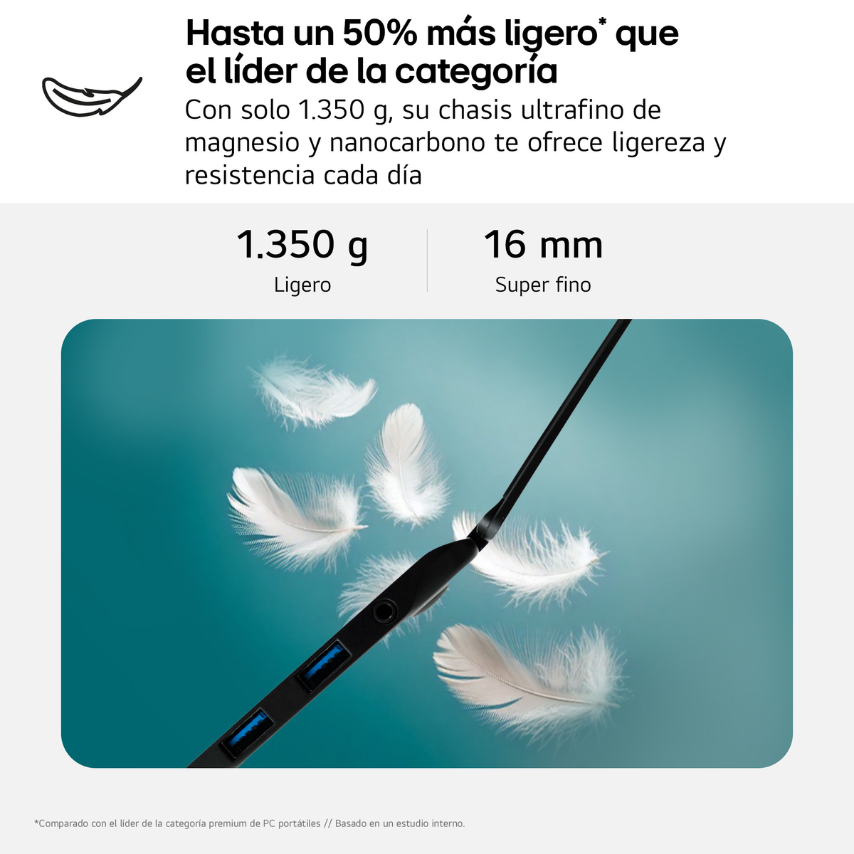 Una imagen de marketing de un portátil con texto y plumas blancas flotando a su alrededor.