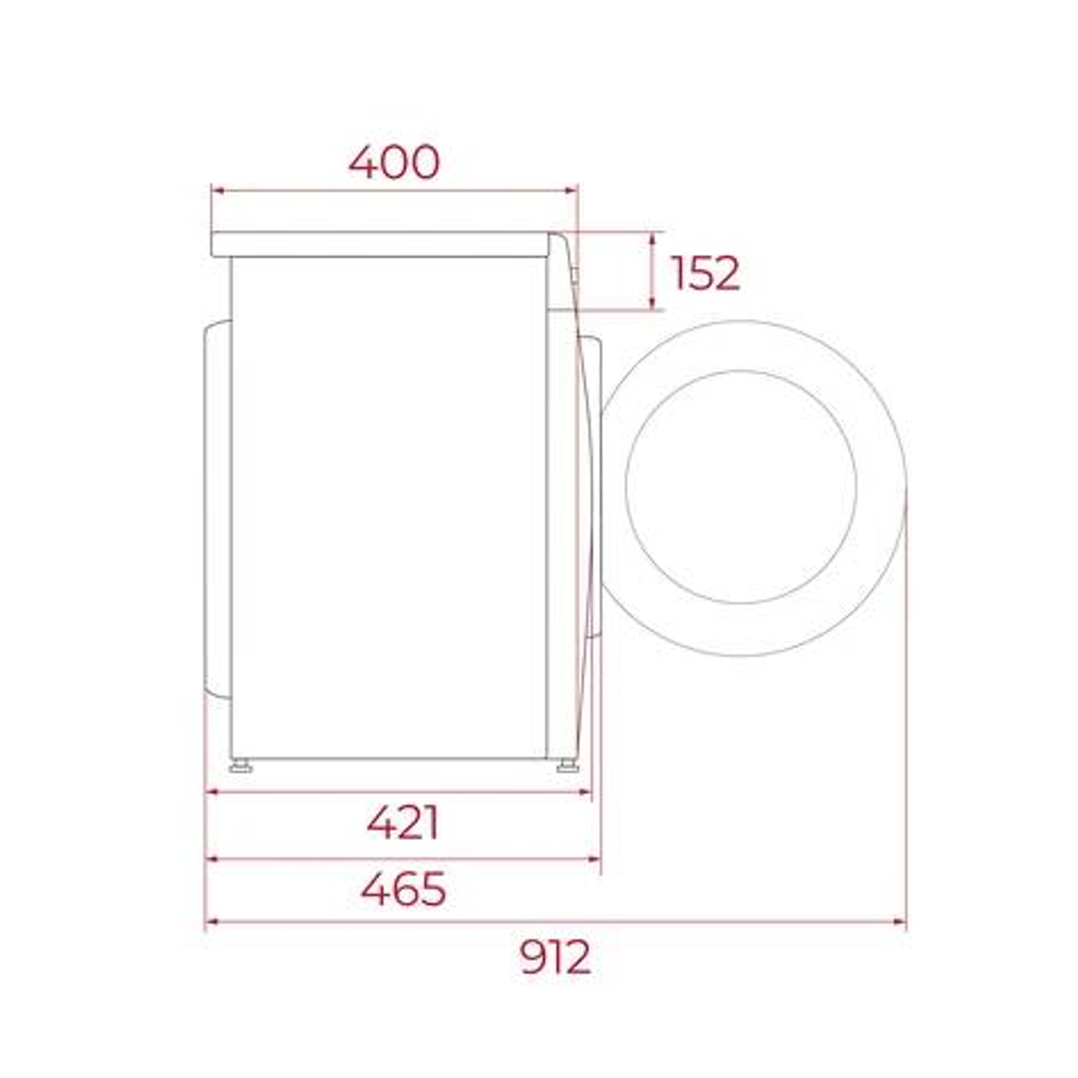 Schemat pralki z góry, pokazujący wymiary w milimetrach.