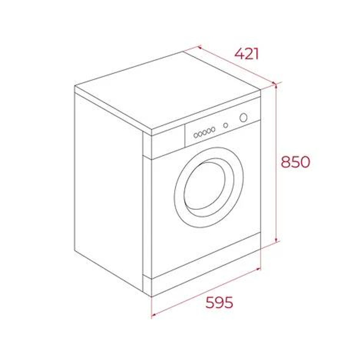 Biała pralka z wymiarami na białym tle. Widok perspektywiczny.