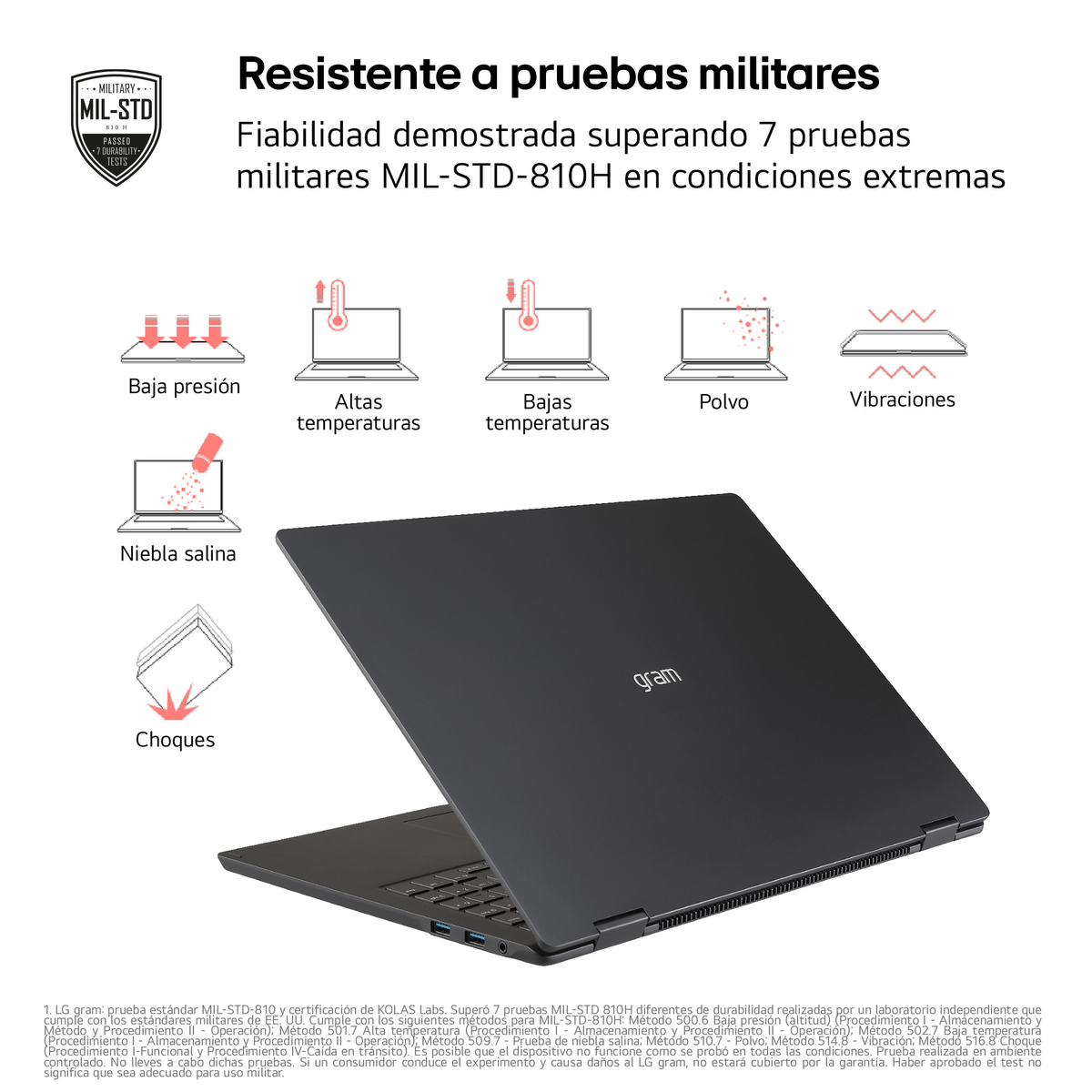 Portátil negro con texto sobre pruebas militares y durabilidad. Fondo blanco.