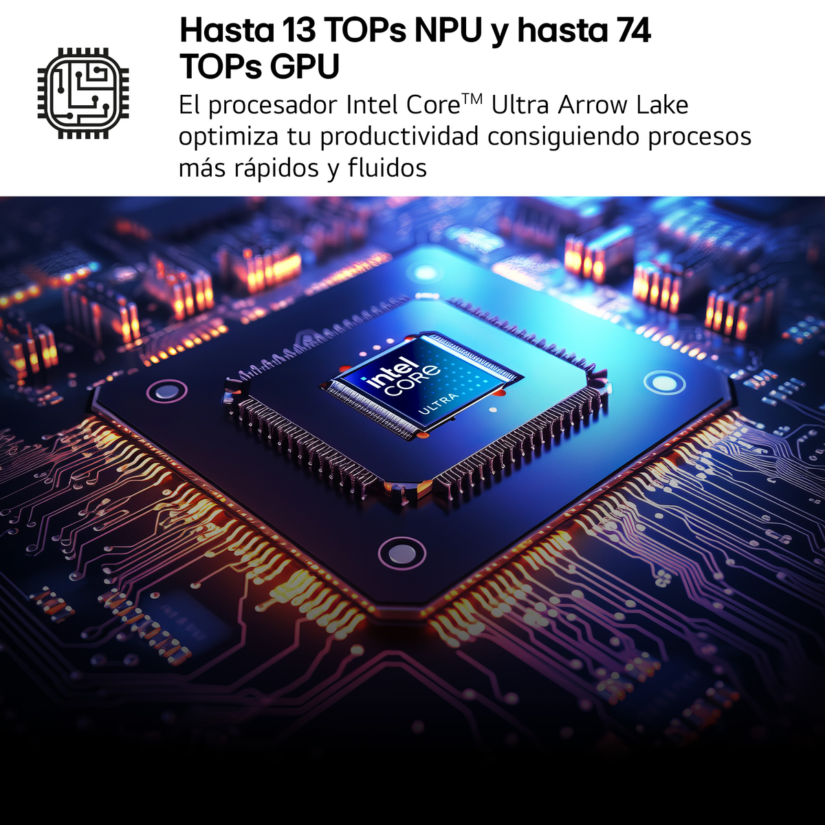 Primer plano de un chip de procesador con la marca Intel Core Ultra.