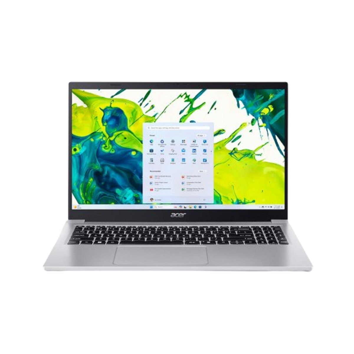 Portátil plateado con pantalla abierta que muestra una interfaz colorida y un teclado negro.