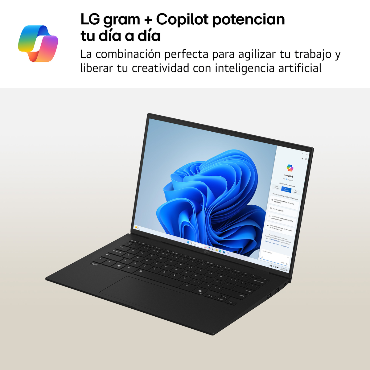 Un portátil negro sobre un fondo claro, con los logotipos de LG y Copilot.