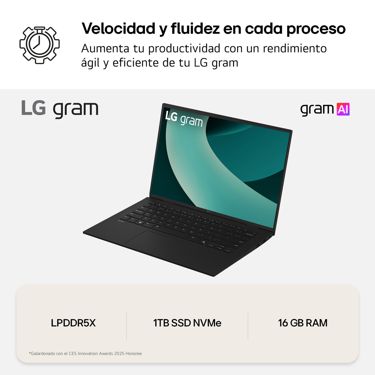 Portátil LG negro con pantalla abierta. Superposición de texto con especificaciones: LPDDR5X, 1TB SSD, 16 GB RAM.