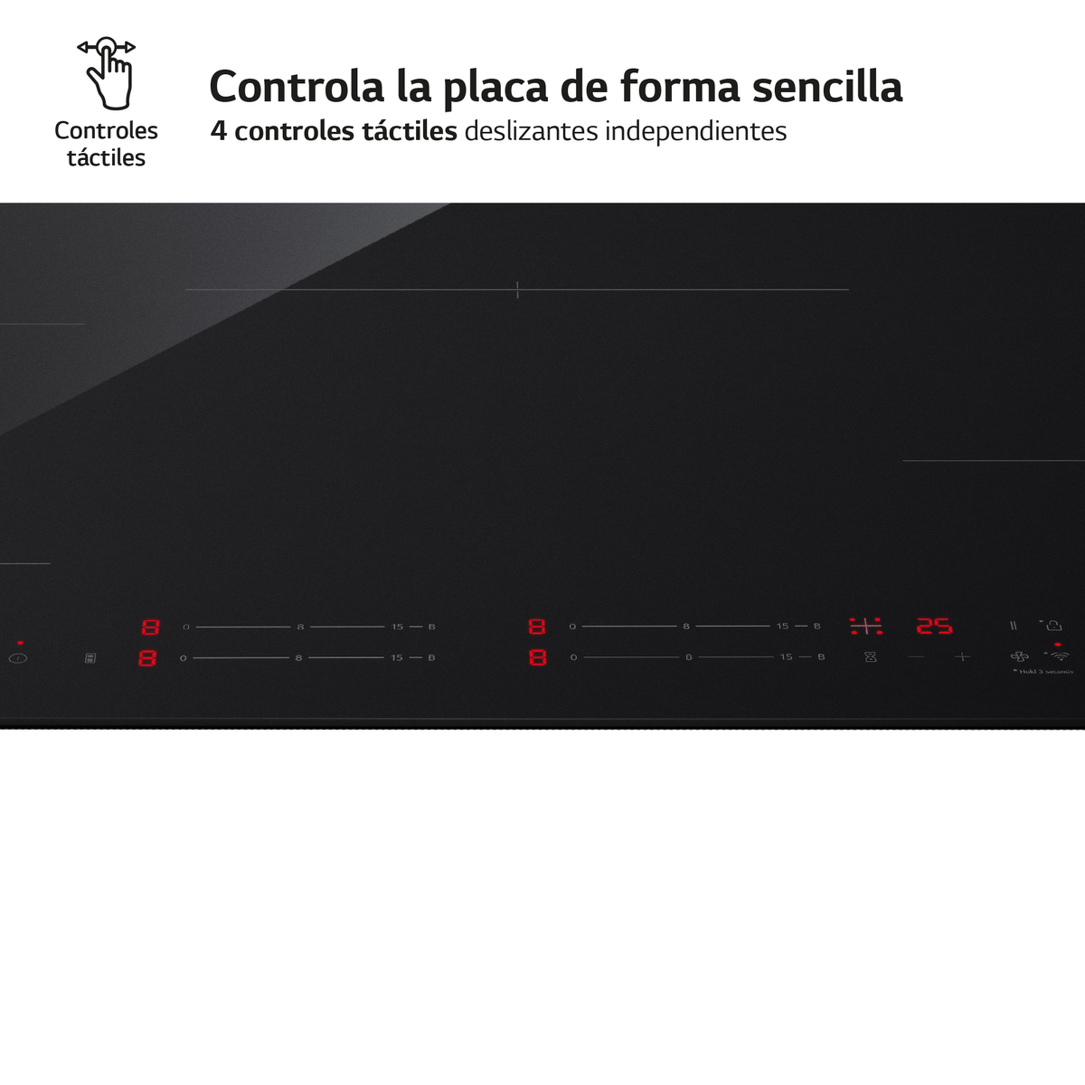 Placa de inducción negra con controles táctiles y pantalla roja. El texto dice: 'Controla la placa de forma sencilla'.