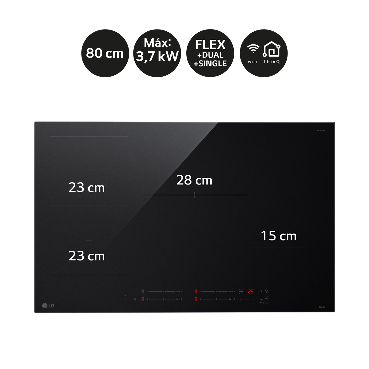 Placa de inducción LG negra. Dimensiones: 23 cm, 28 cm y 15 cm. Características: Flex, Dual, Single, WiFi, ThinQ.