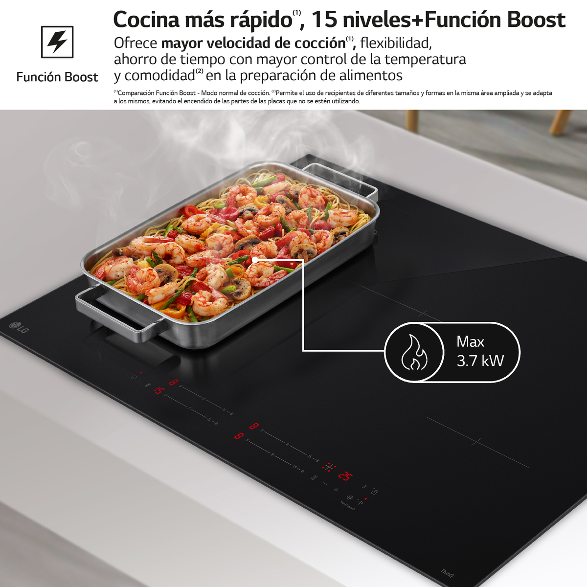 Una vitrocerámica negra con una olla de camarones y un cuenco de pasta. Una pantalla digital indica 3,7 kW.
