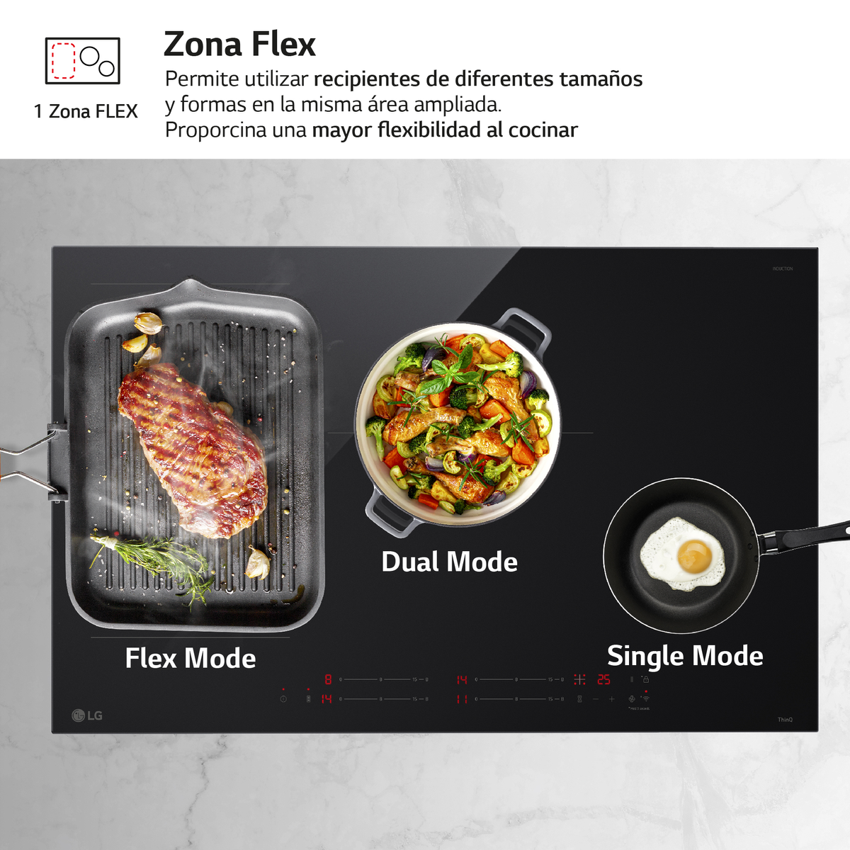 Placa de inducción negra con comida cocinándose. Incluye modo flexible, modo dual y modo único.