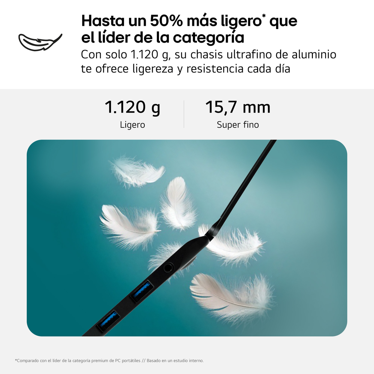 Bisagra de un portátil negro con plumas blancas flotando, sobre un fondo azul.