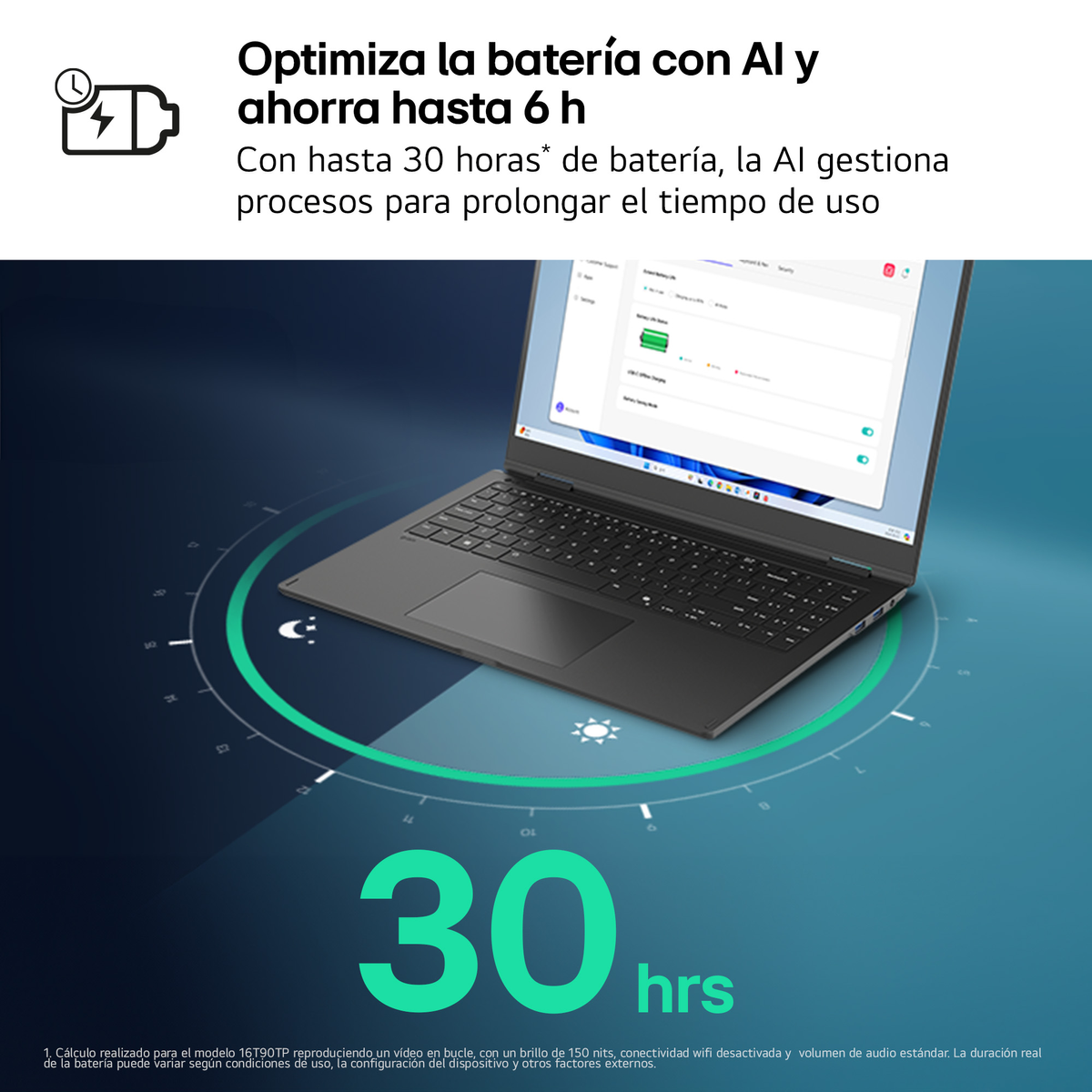 Laptop negro con indicador de batería y círculo verde.