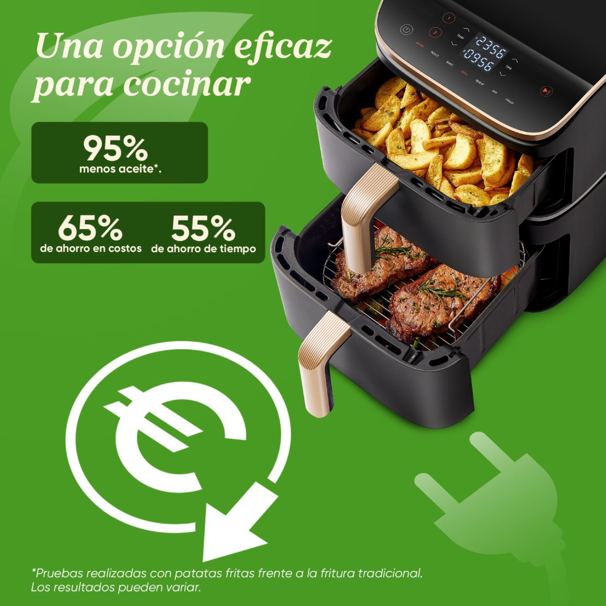 Frytownica powietrzna z jedzeniem, tekst i grafika pokazująca oszczędności oleju i kosztów.