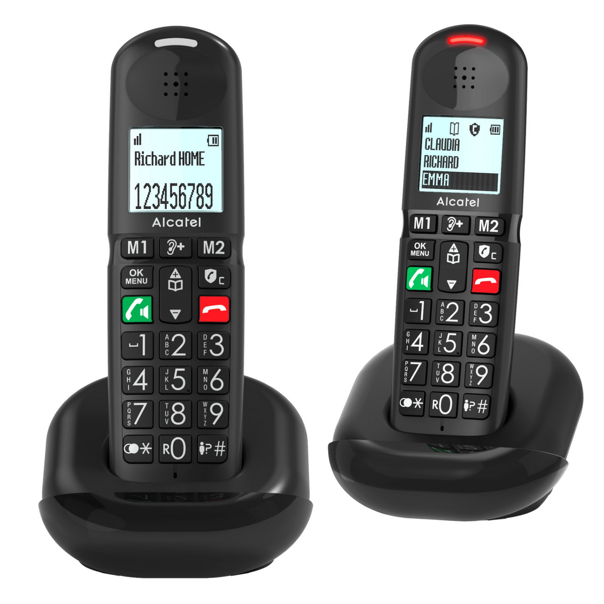 Due telefoni Alcatel cordless neri su caricabatterie. Uno mostra un numero, l'altro una lista contatti.