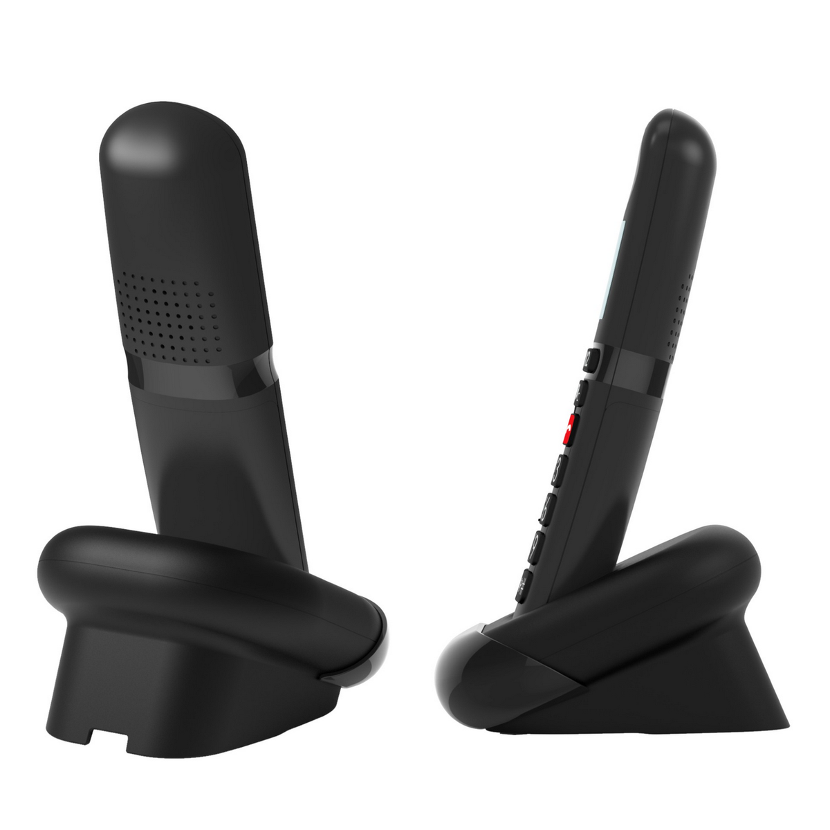 Due telefoni cordless neri sulle loro basi, uno con display e l'altro con vista laterale.