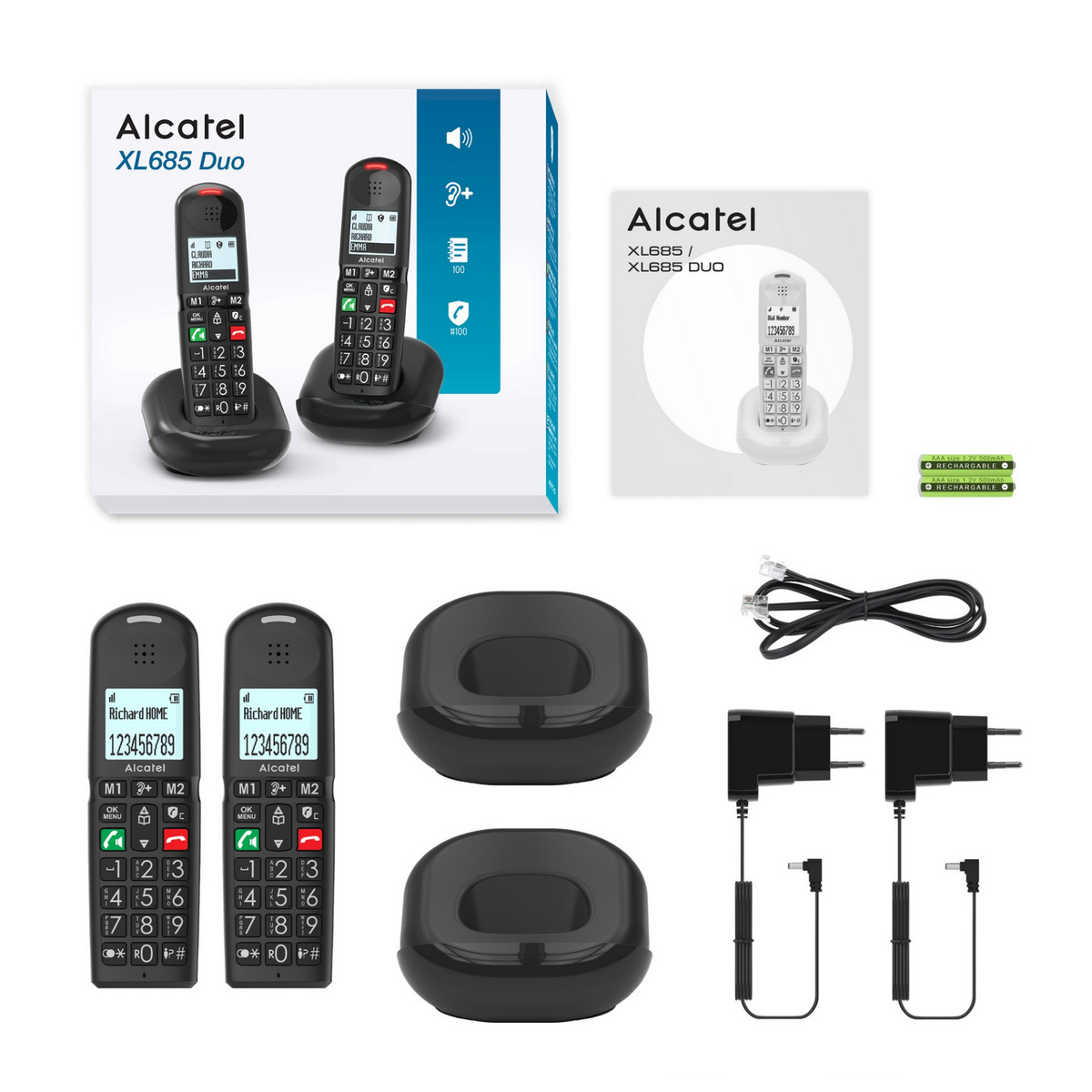 Set telefono Alcatel XL685 Duo: basi, portatili, caricabatterie e manuali in una scatola bianca.