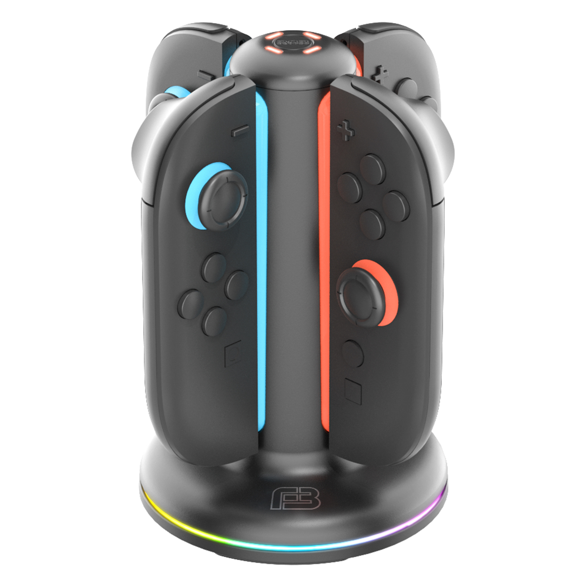 Stazione di ricarica nera per controller Joy-Con con luci colorate sulla base.