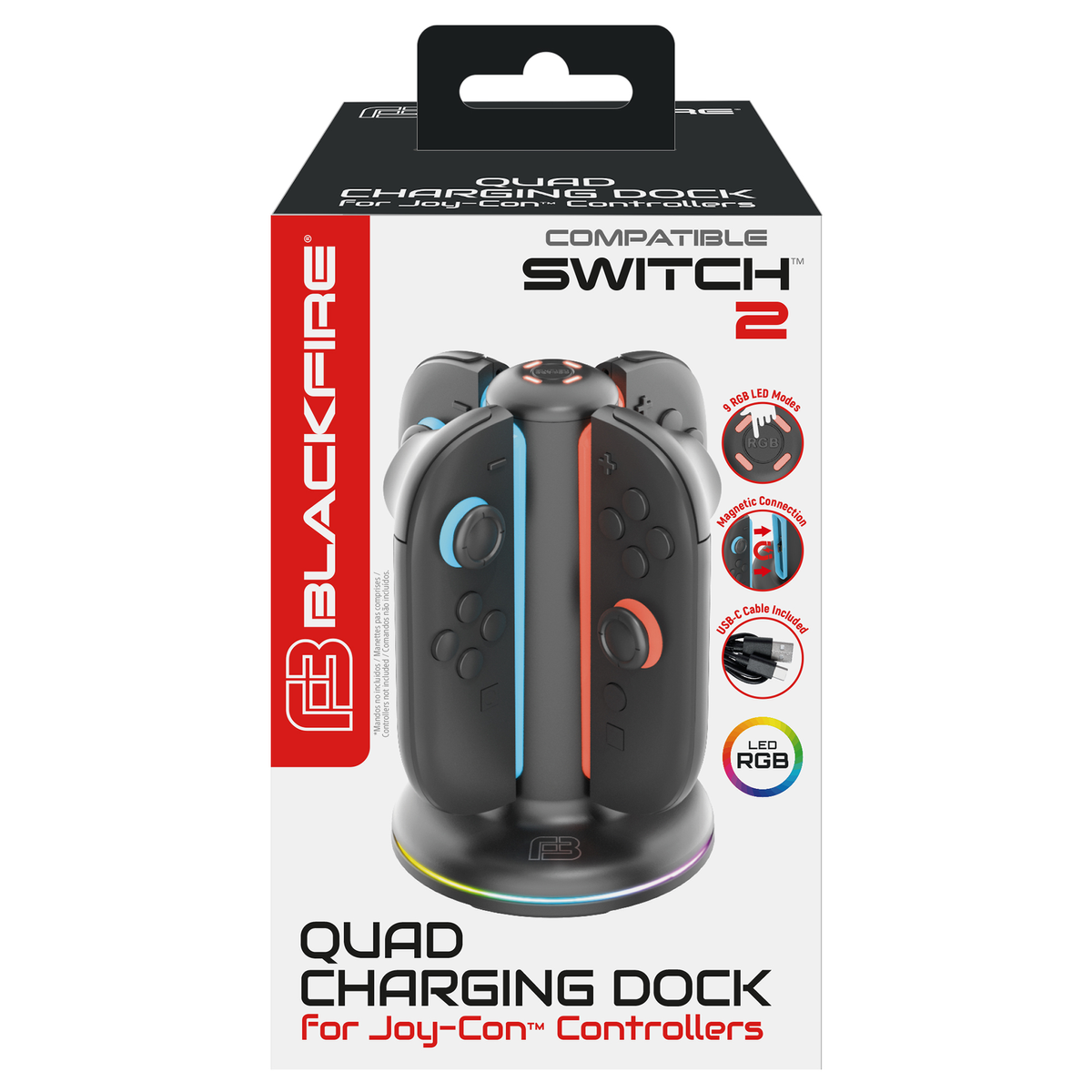 Base di ricarica BlackFire per controller Switch, con controller e scatola.