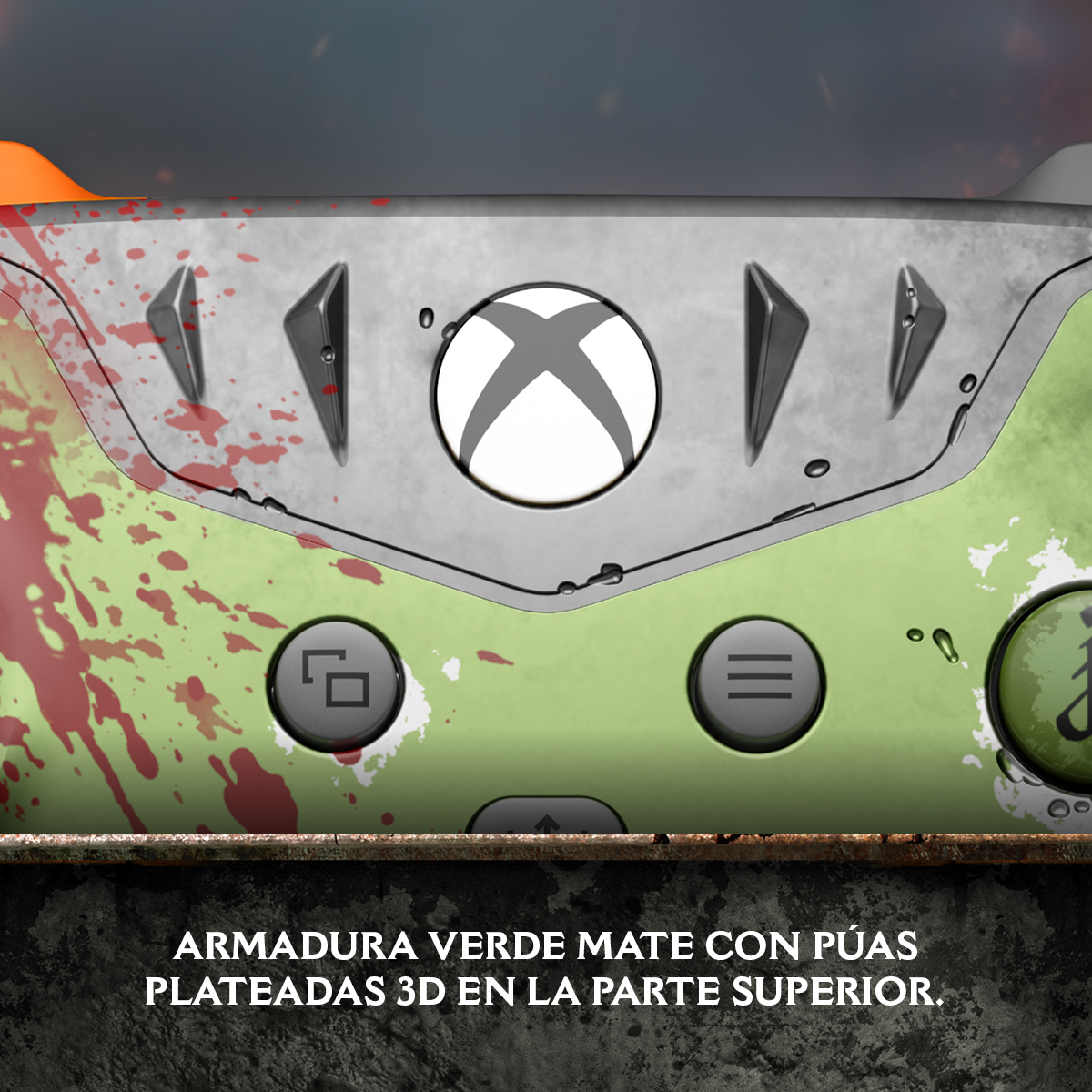 Zbliżenie zielono-szarego kontrolera Xbox. Zawiera logo Xbox i przyciski.