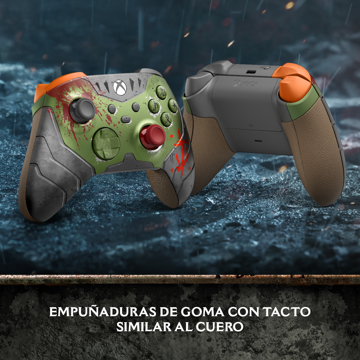 Dwa kontrolery Xbox, jeden z zielonym, pomarańczowym i czerwonym wzorem, drugi szary.