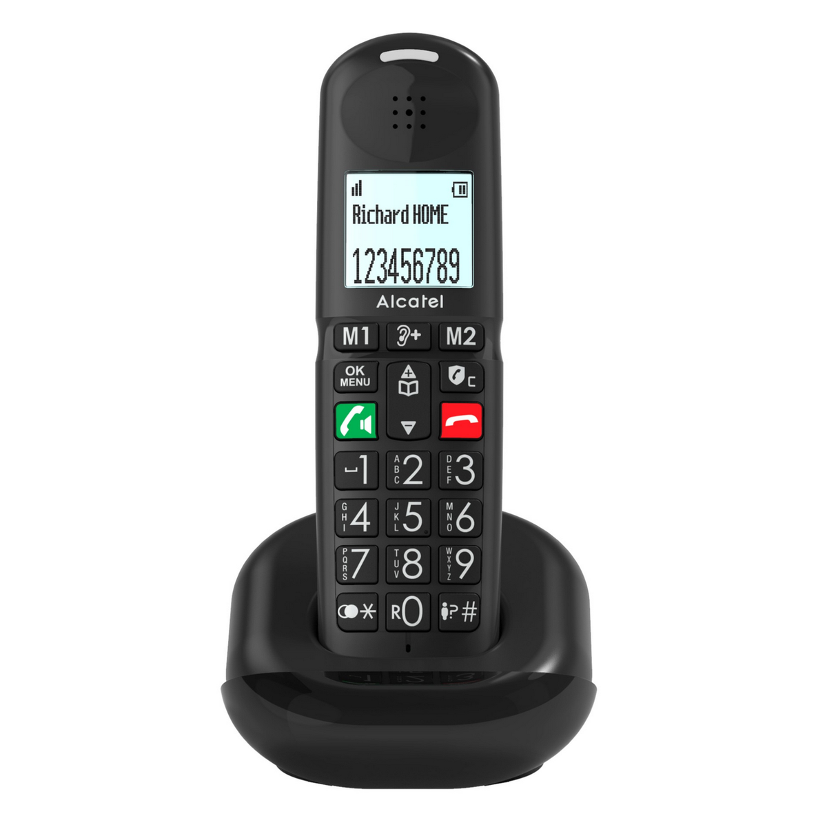 Czarny telefon bezprzewodowy Alcatel z wyświetlaczem pokazującym numer i 'Richard HOME'.