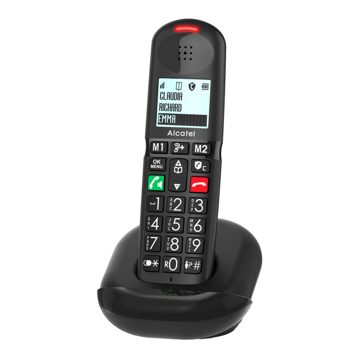 Czarny telefon bezprzewodowy Alcatel na podstawie. Ekran wyświetla imiona. Czerwone światło u góry.