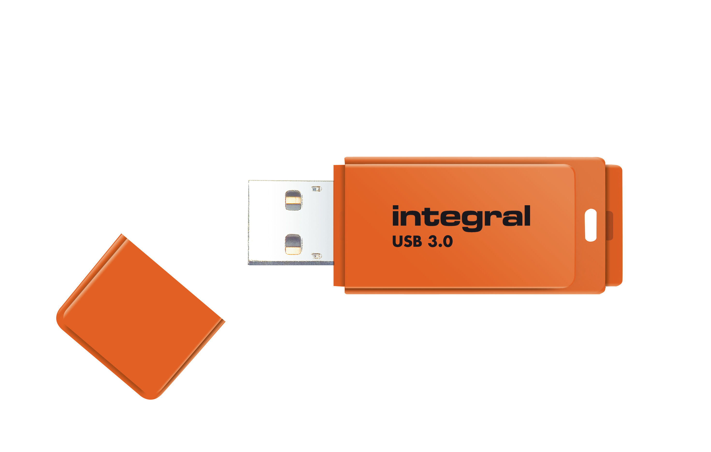 Pomarańczowa pamięć USB z białym tekstem 'integral' i odłączoną pomarańczową nasadką