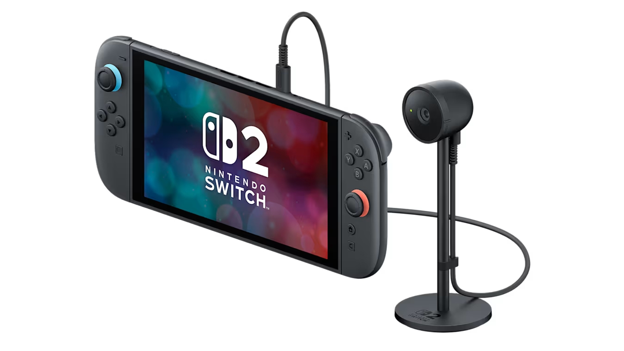 Nintendo Switch mit angeschlossener Kamera. Die Switch ist schwarz-grau, die Kamera schwarz.