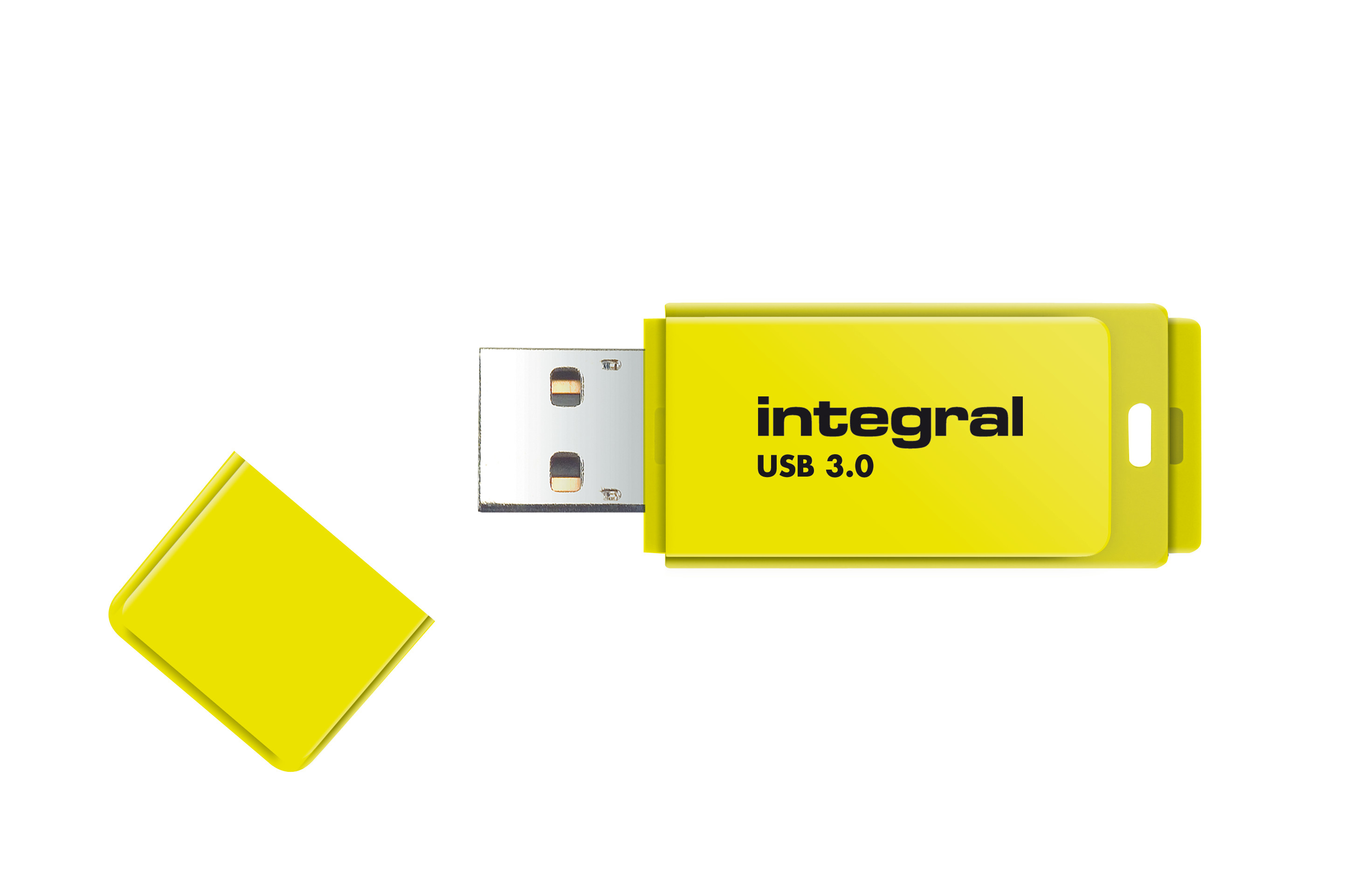 Żółty pendrive ze srebrnym złączem i odłączoną nasadką na białym tle. Z logo 'integral USB 3.0'.