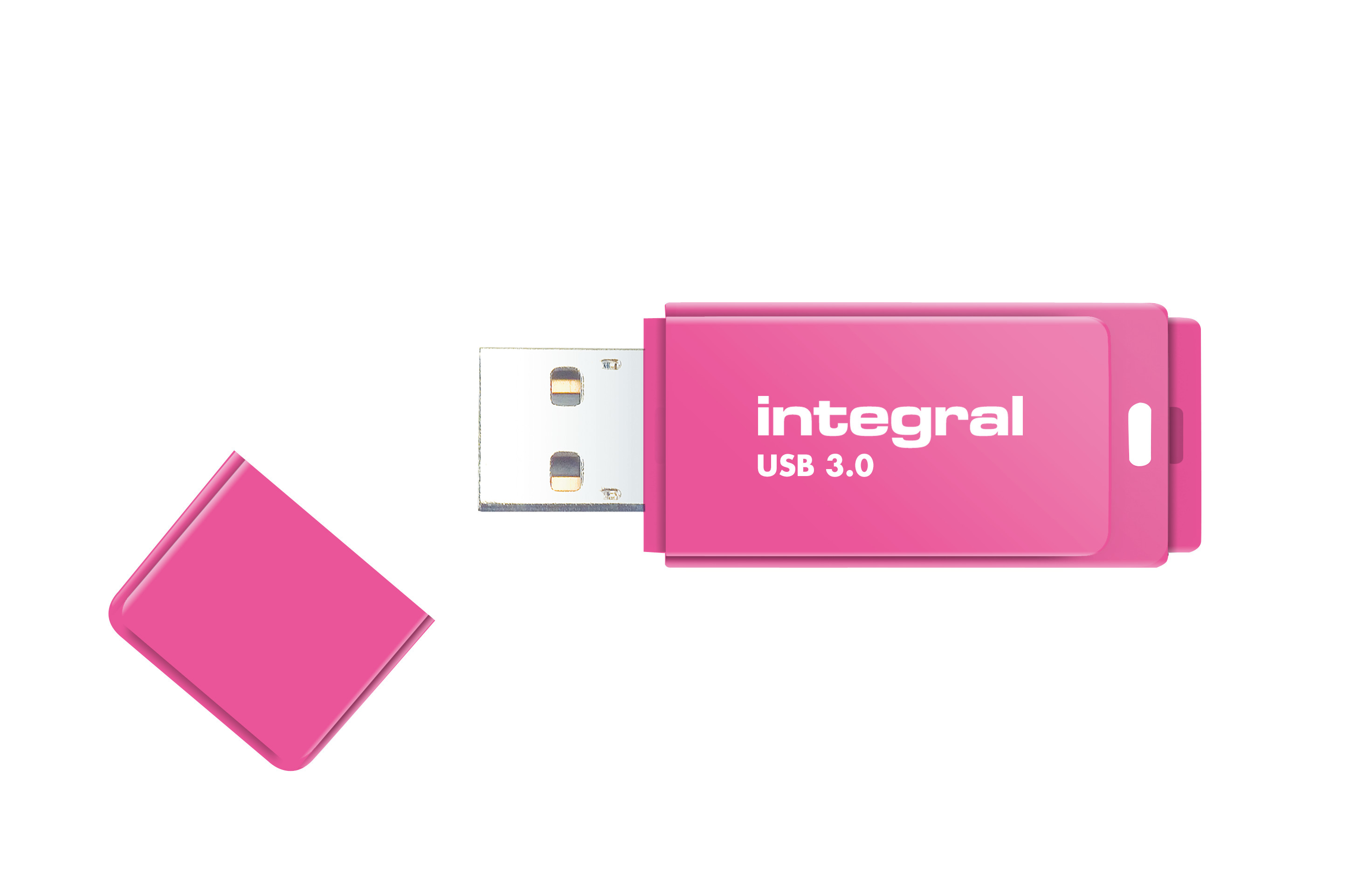 Różowy pendrive z napisem 'integral' i 'USB 3.0', z otwartą zatyczką.