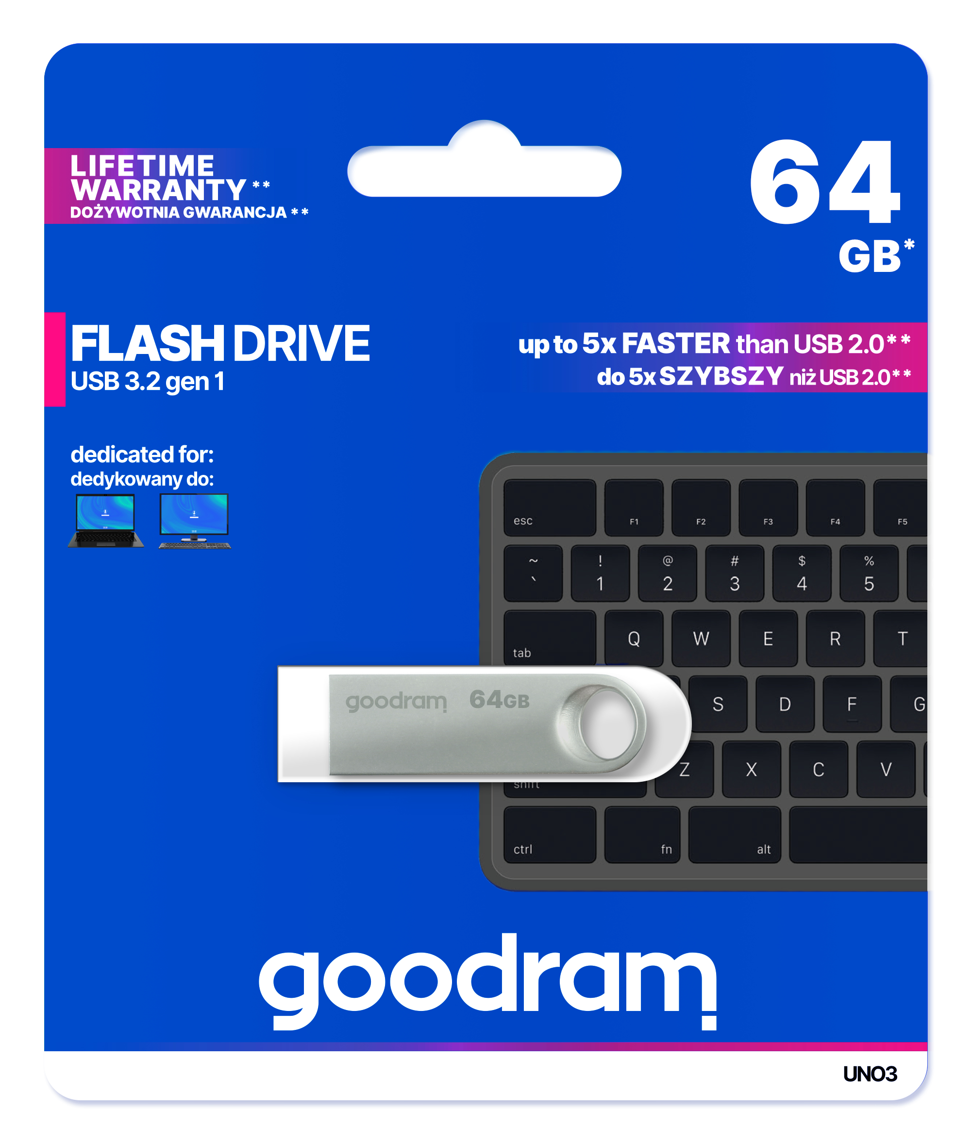 Opakowanie pendrive'a. Tekst: Dożywotnia gwarancja, 64 GB, goodram.