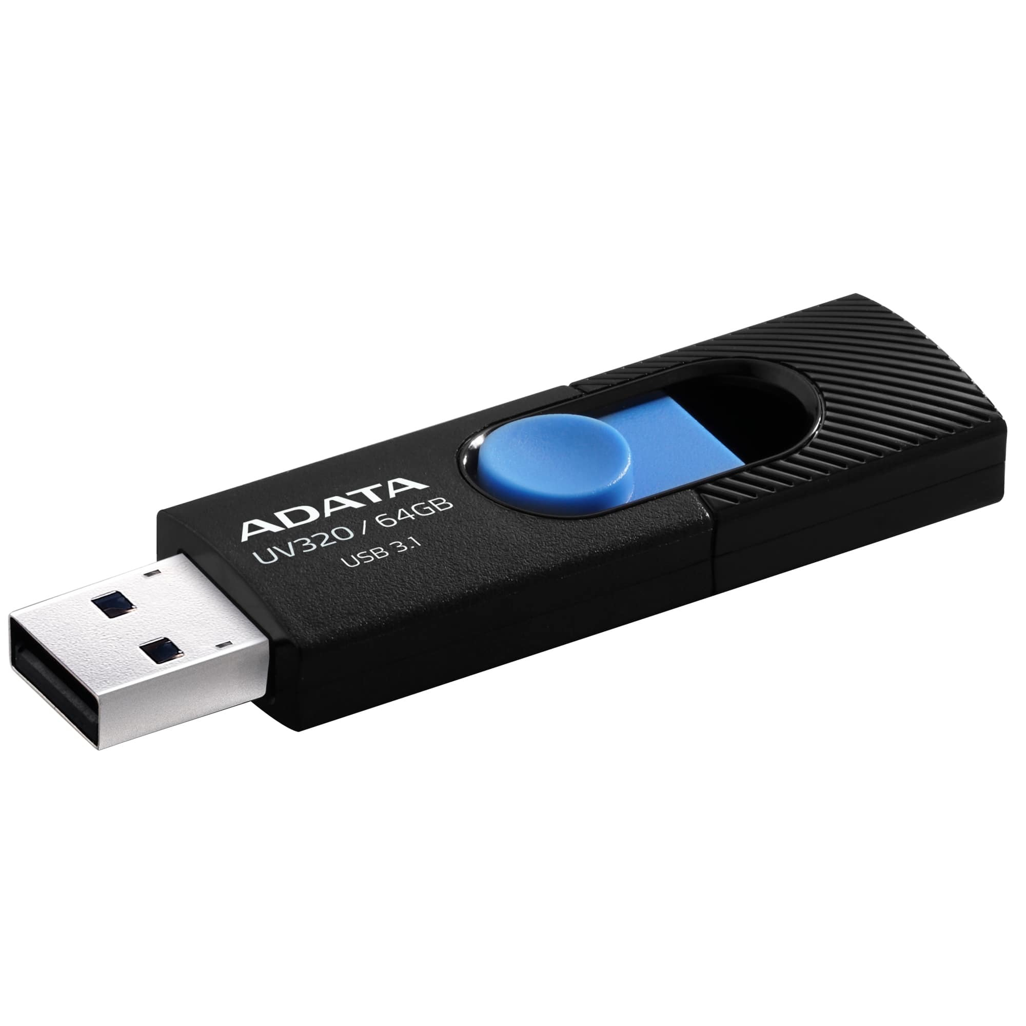 Czarny pendrive z niebieskim przyciskiem i oznaczeniami "ADATA" i pojemności.
