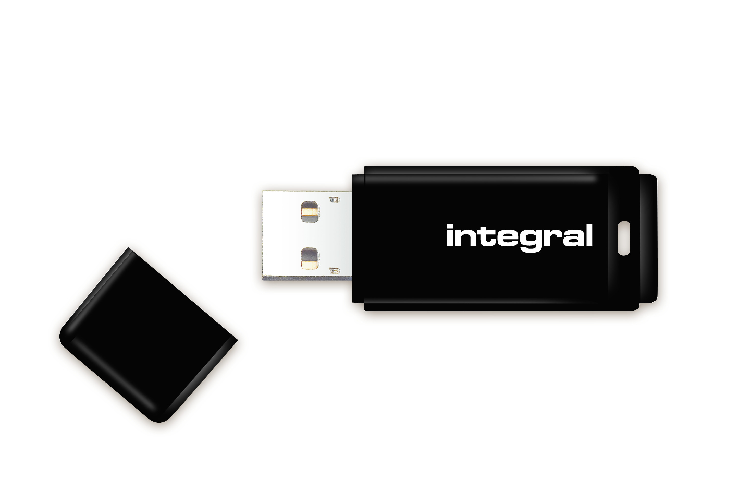 Czarny pendrive USB z marką "integral" wydrukowaną na biało i oddzielną czarną nasadką.