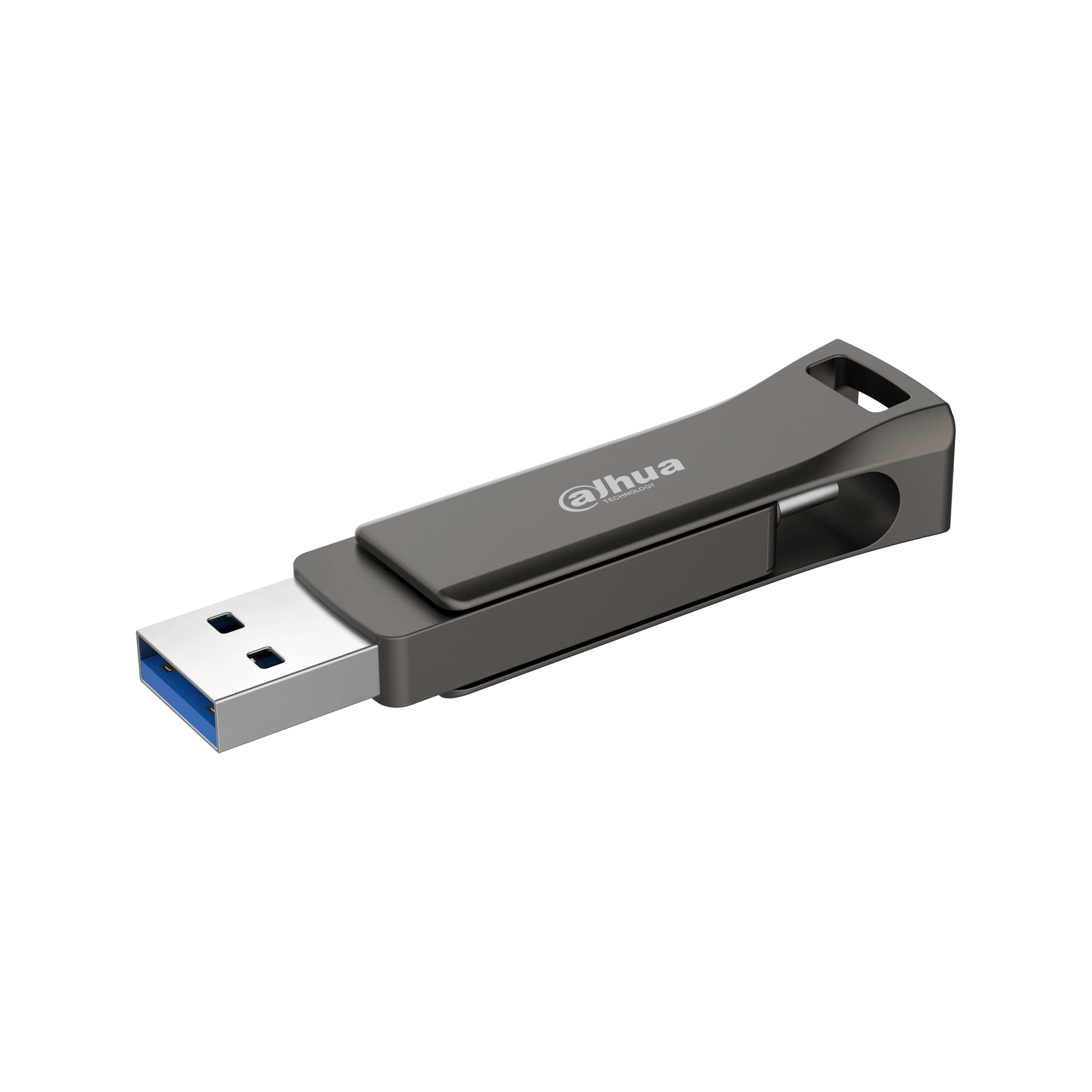 Szary pendrive USB z czarną nasadką i marką "dhua technology". Tło jest białe.
